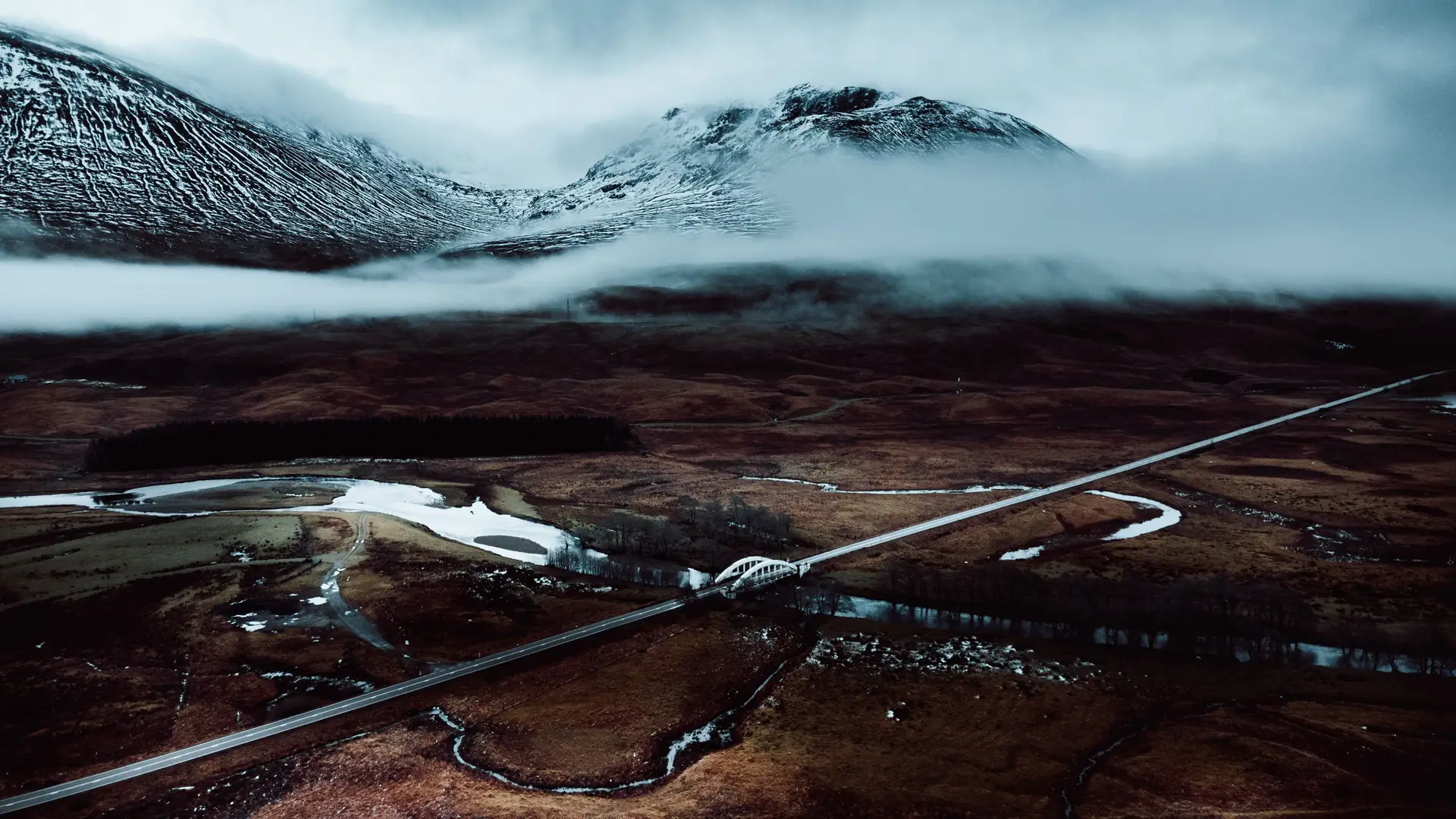 Snow-capped Scottish peaks and winding glen waters